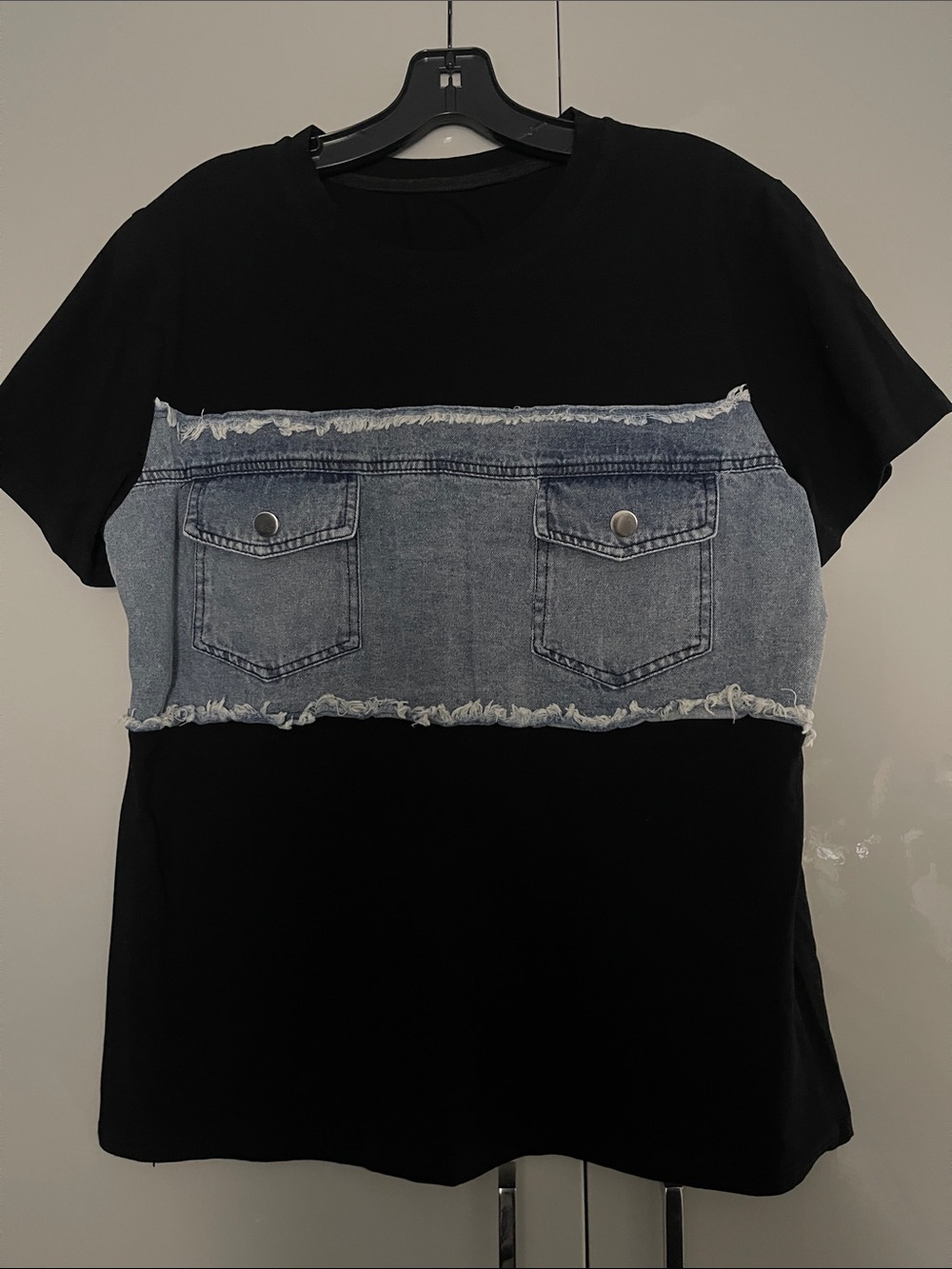 Black Tee with Distressed Light Wash Denim Panel